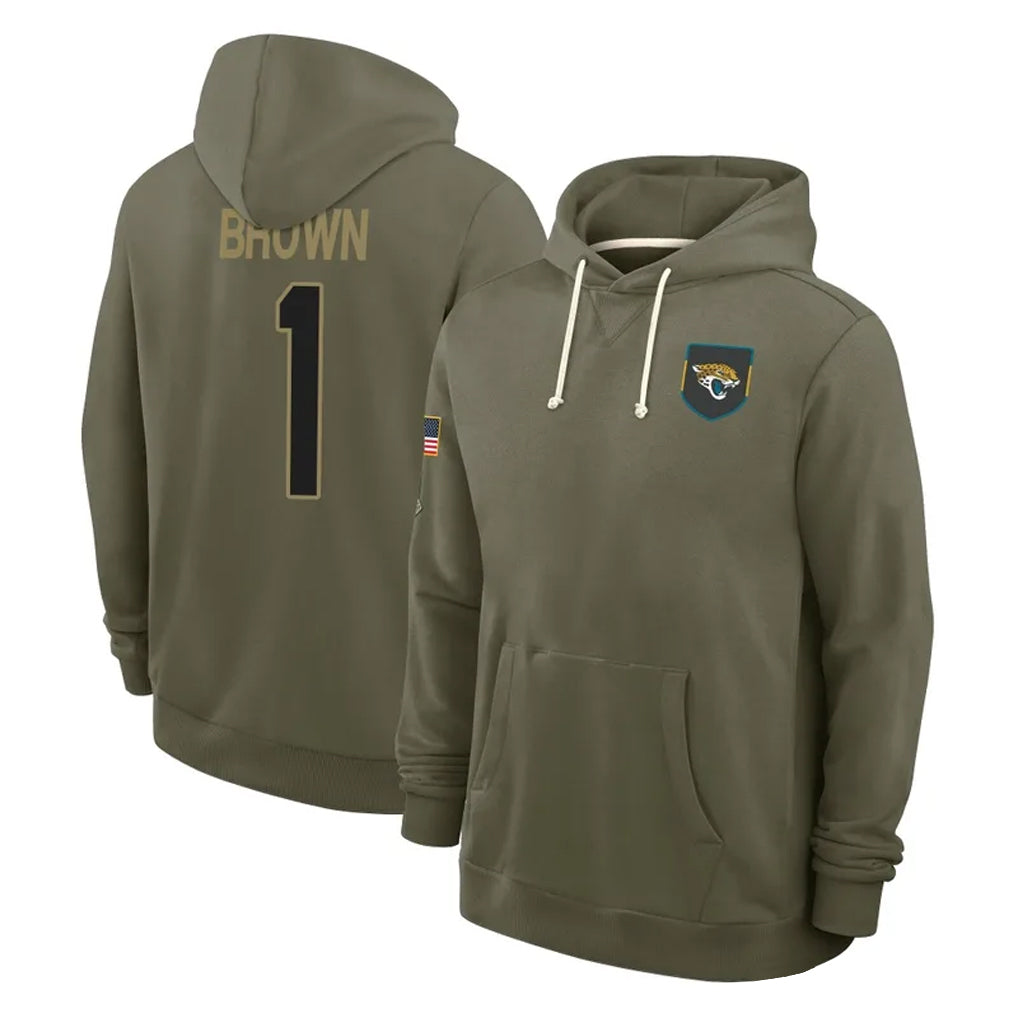 Johmsee J.Jaguars #1 Montaric Brown Player Olive Salute to Service Pullover Hoodies Limited Stitched Jerseys