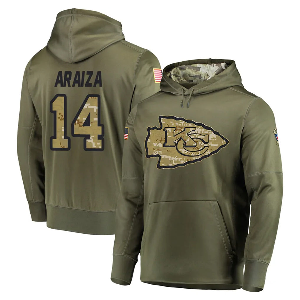 Johmsee KC.Chiefs #14 Matt Araiza Player Olive Salute to Service Pullover Hoodies Home Game Stitched Jerseys