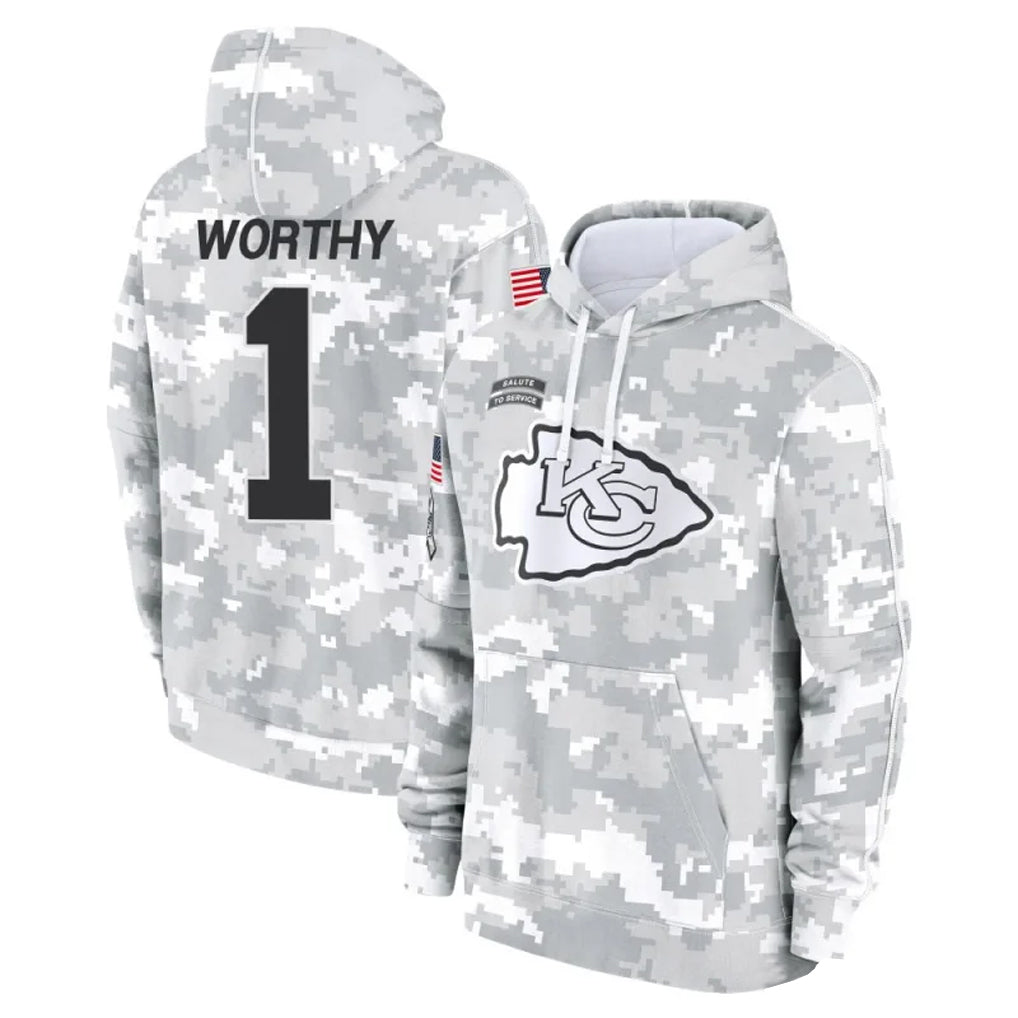 Johmsee KC.Chiefs #1 Xavier Worthy Player Arctic Camo Salute to Service Hoodies Stitched Jerseys