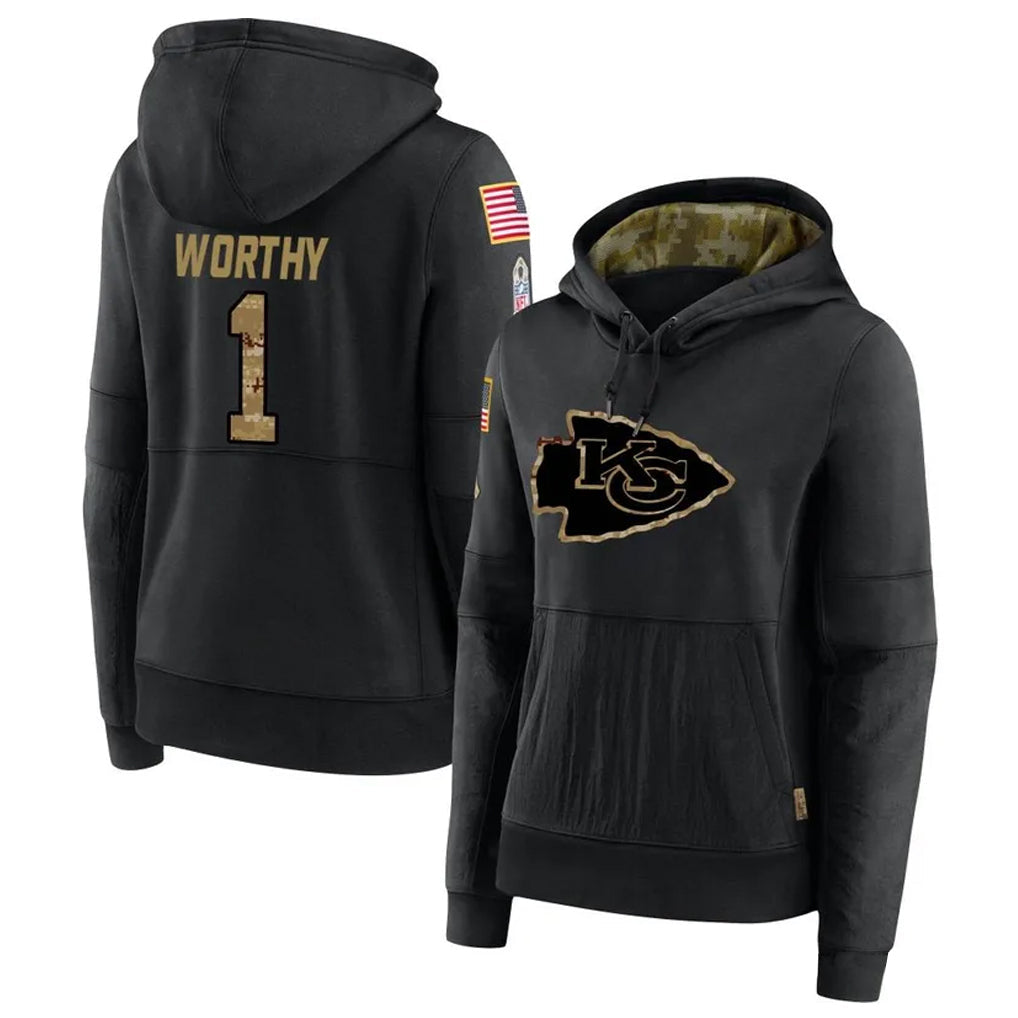 Johmsee KC.Chiefs #1 Xavier Worthy Player Black Salute to Service Hoodies Stitched Jerseys