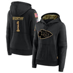 Johmsee KC.Chiefs #1 Xavier Worthy Player Black Salute to Service Hoodies Stitched Jerseys