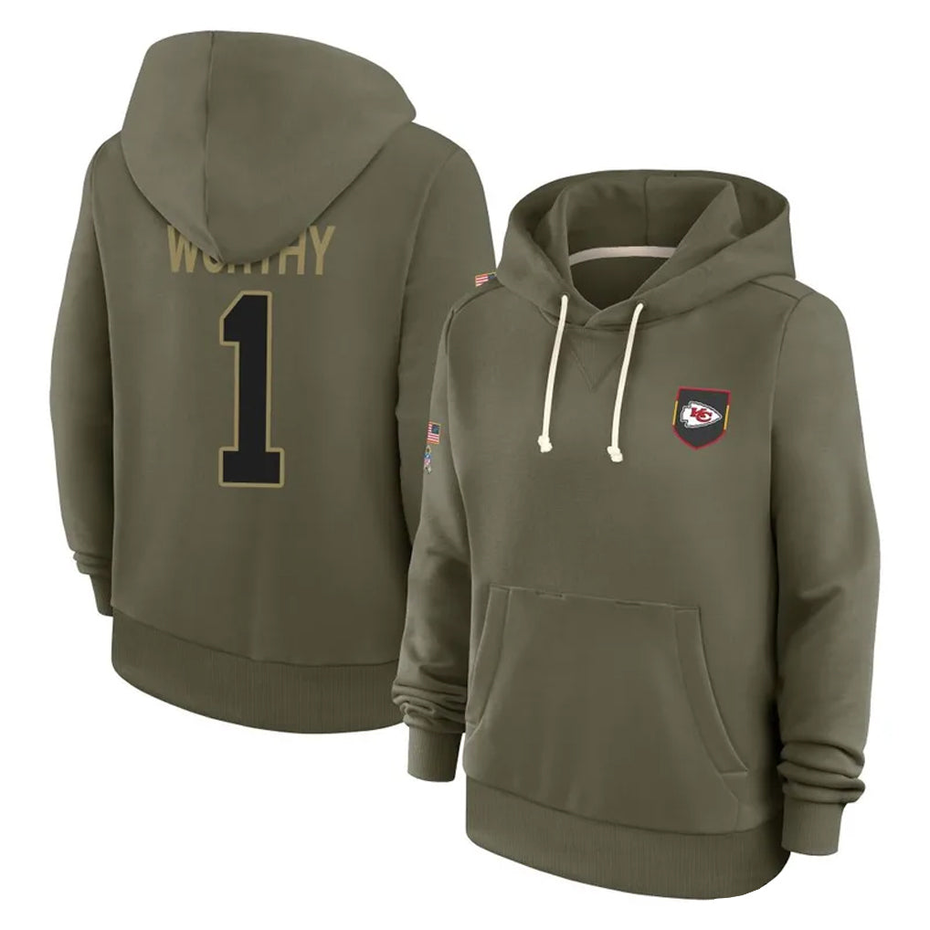 Johmsee KC.Chiefs #1 Xavier Worthy Player Olive Salute to Service Hoodies Stitched Jerseys