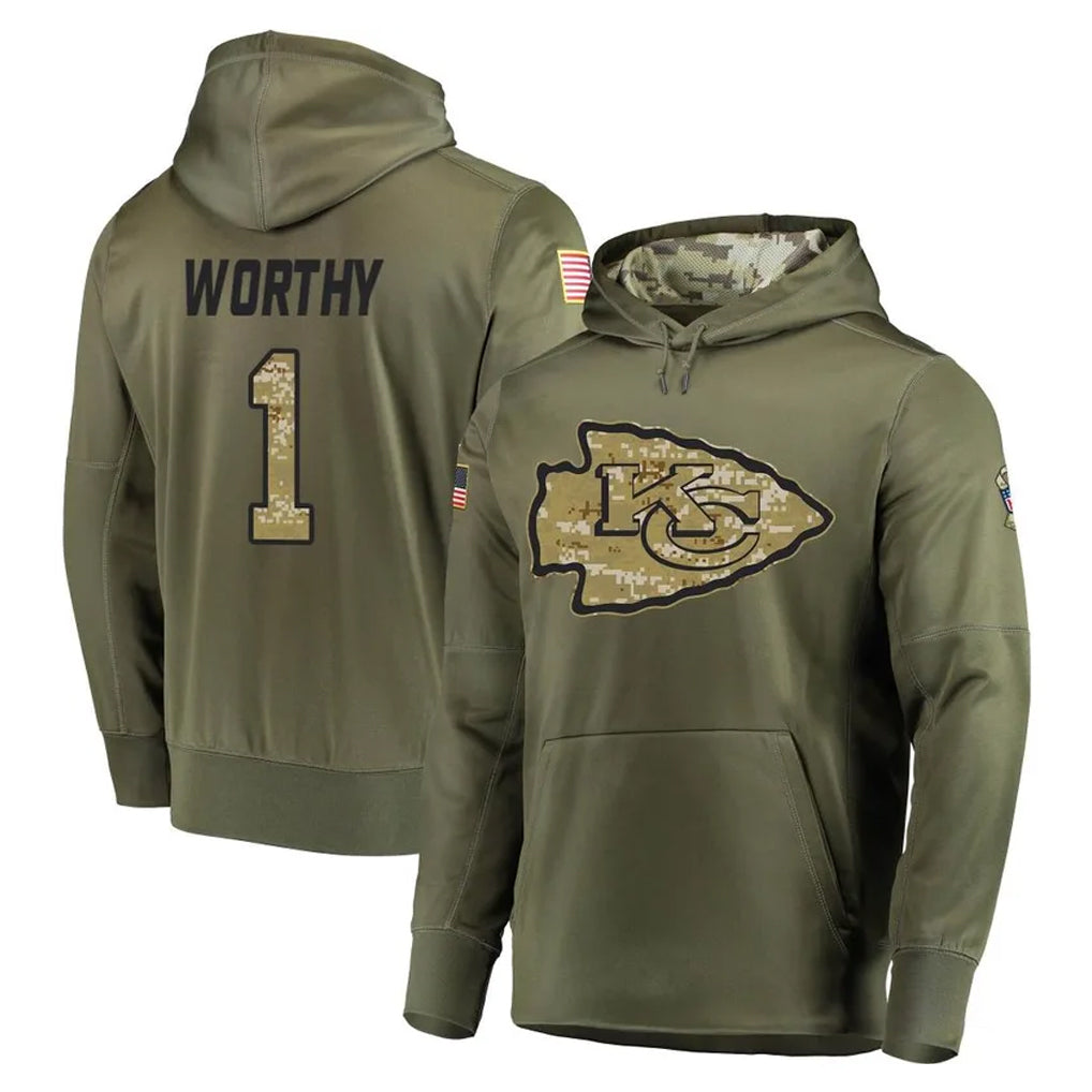 Johmsee KC.Chiefs #1 Xavier Worthy Player Olive Salute to Service Pullover Hoodies Home Game Stitched Jerseys