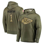 Johmsee KC.Chiefs #1 Xavier Worthy Player Olive Salute to Service Pullover Hoodies Home Game Stitched Jerseys
