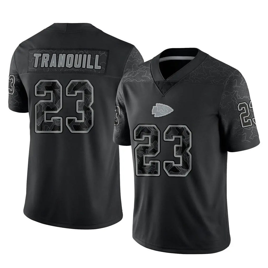 Johmsee KC.Chiefs #23 Drue Tranquill Player Black Limited Reflective Game Stitched Jerseys