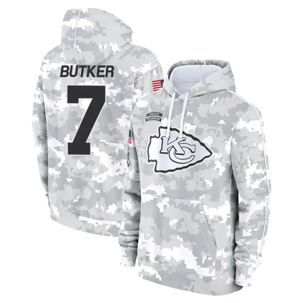 Johmsee KC.Chiefs #7 Harrison Butker Player Arctic Camo Salute to Service Hoodies Stitched Jerseys
