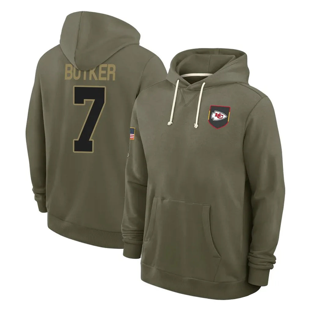 Johmsee KC.Chiefs #7 Harrison Butker Player Olive Salute to Service Pullover Hoodies Limited Stitched Jerseys