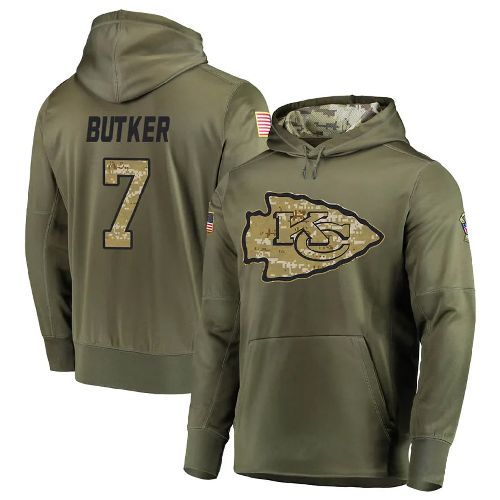 Johmsee KC.Chiefs #7 Harrison Butker Player Salute to Service Limited Olive Hoodies Stitched Jerseys