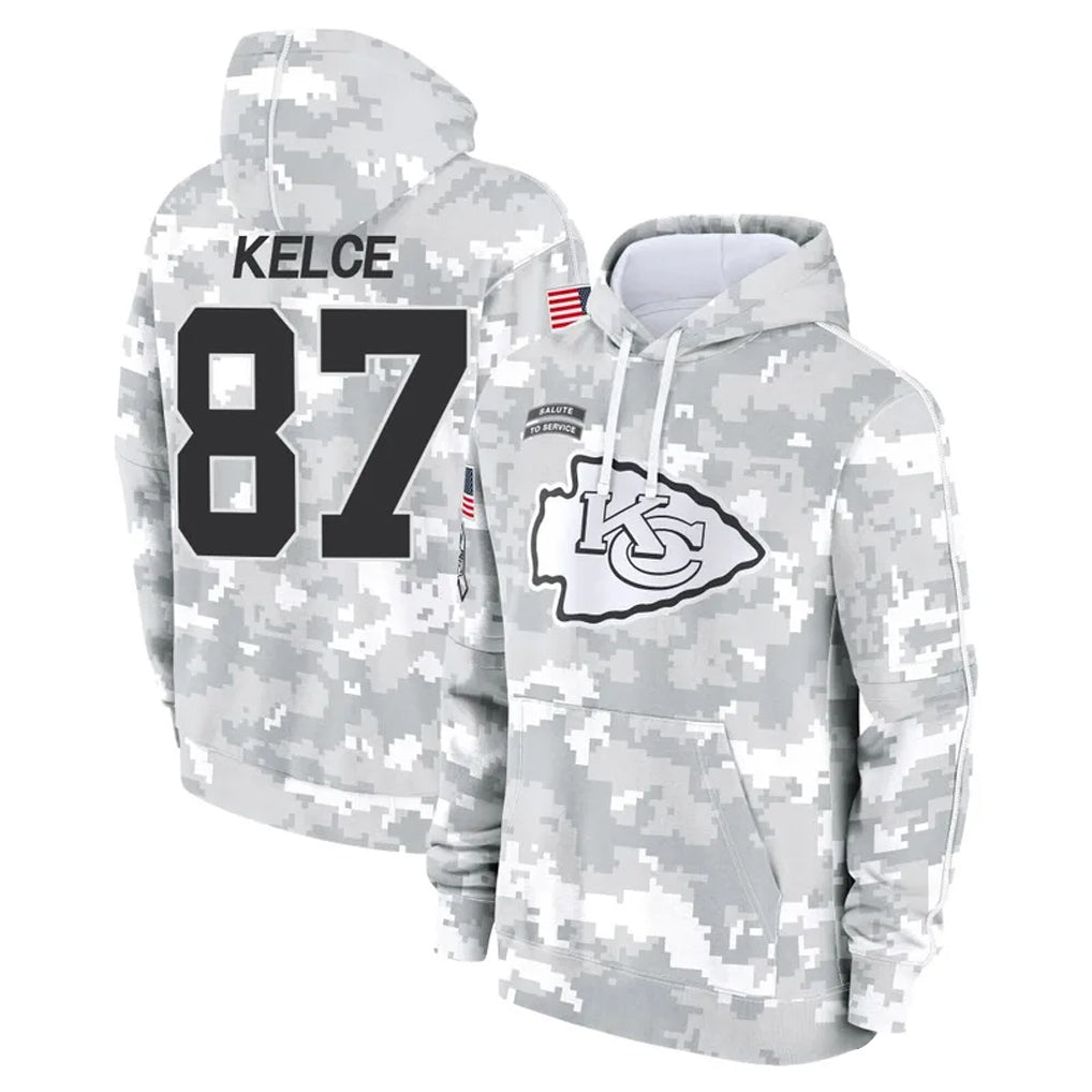 Johmsee KC.Chiefs #87 Travis Kelce Player Arctic Camo Salute to Service Hoodies Stitched Jerseys