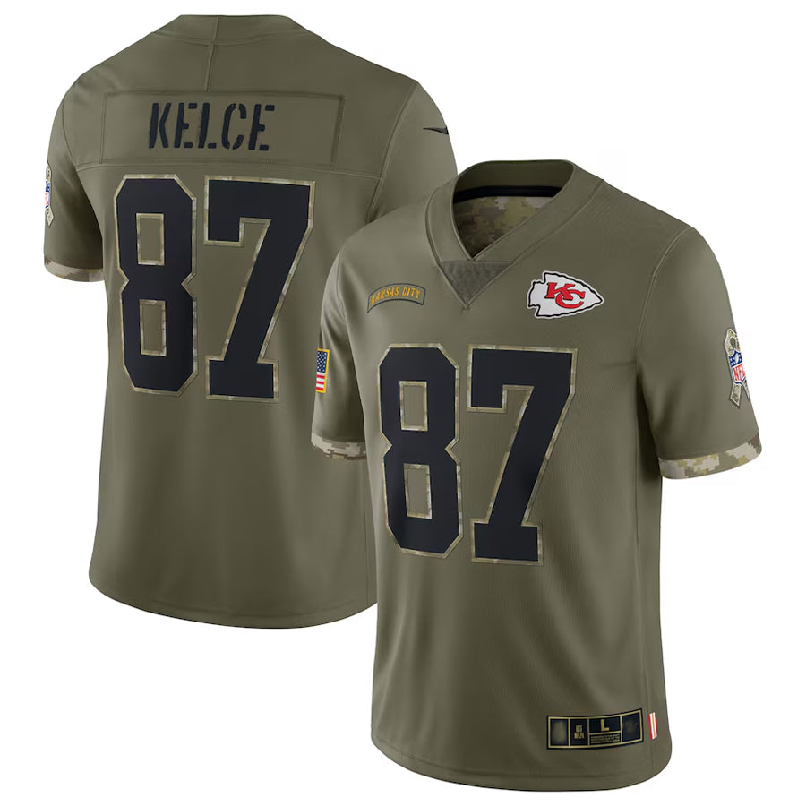 Johmsee KC.Chiefs #87 Travis Kelce Player Olive Salute To Service Stitched Jerseys