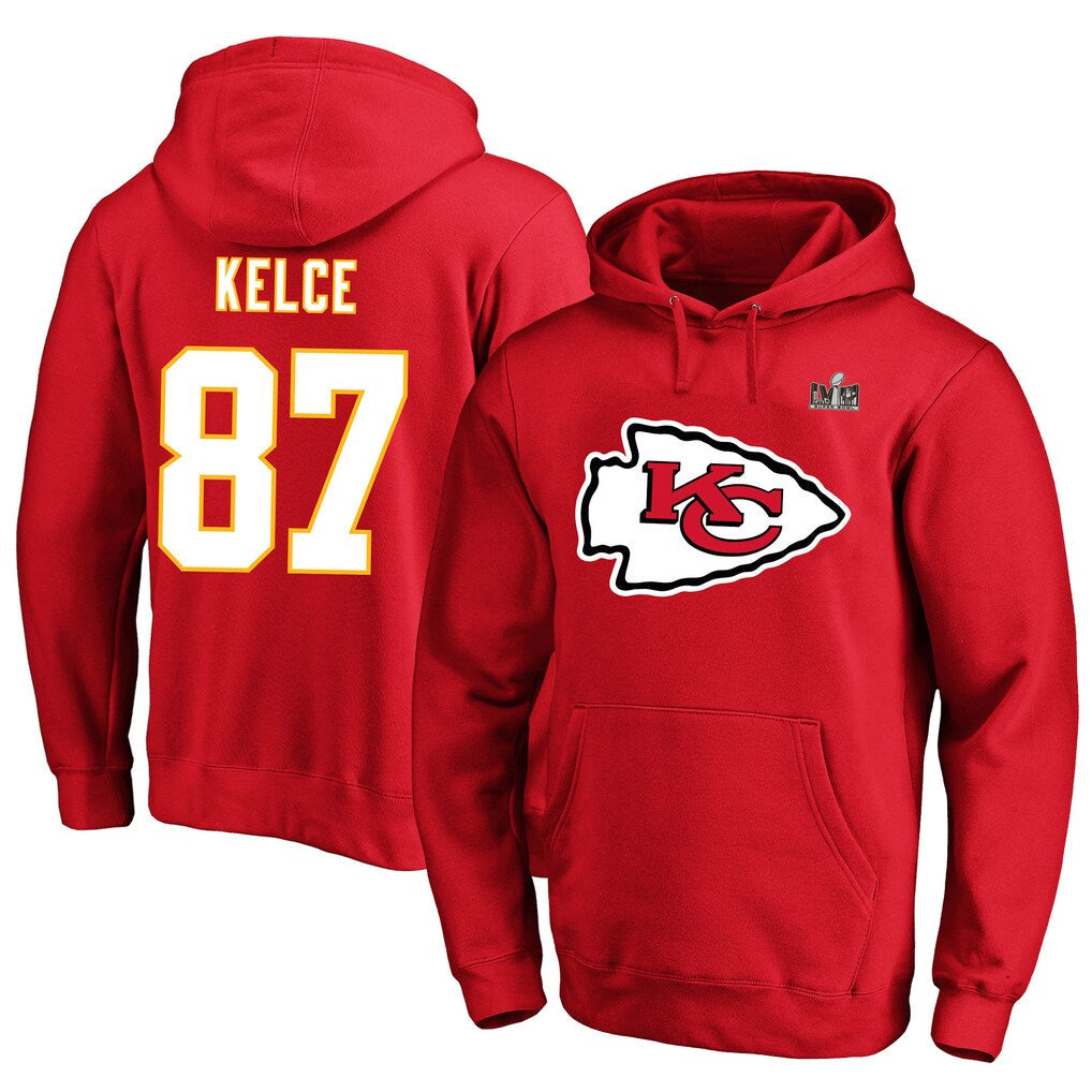 Johmsee KC.Chiefs #87 Travis Kelce Player Red Pullover Hoodies Stitched Jerseys