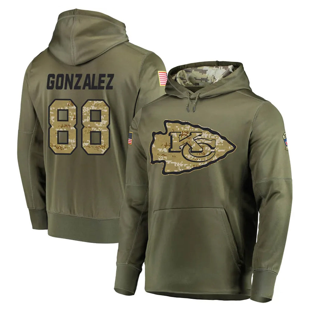 Johmsee KC.Chiefs #88 Tony Gonzalez Player Olive Salute to Service Pullover Hoodies Home Game Stitched Jerseys