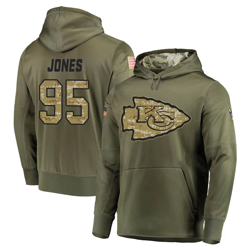 Johmsee KC.Chiefs #95 Chris Jones Player Olive Salute to Service Pullover Hoodies Home Game Stitched Jerseys