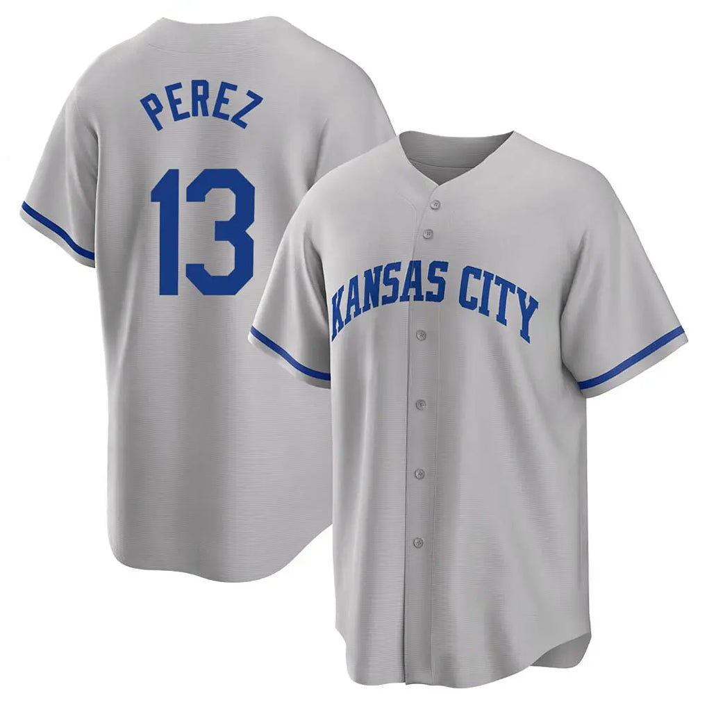 Johmsee KC.Royals #13 Salvador Perez Player Gray Game Home Stitched Jerseys