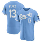 Johmsee KC.Royals #13 Salvador Perez Player Light Blue Alt Limited Elite Home Stitched Jerseys