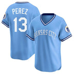 Johmsee KC.Royals #13 Salvador Perez Player Light Blue Limited Throwback Cooperstown Collection T-shirt Stitched Jerseys