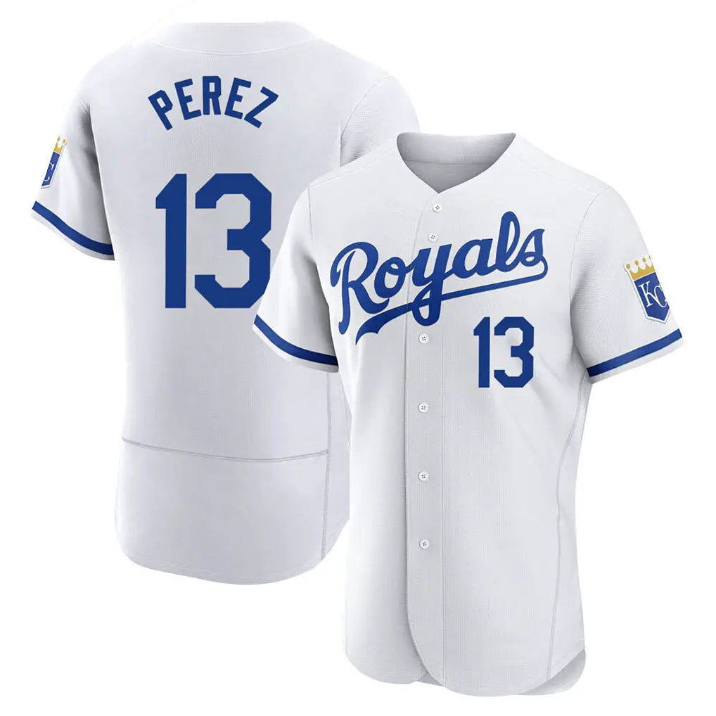 Johmsee KC.Royals #13 Salvador Perez Player White Limited Elite Home Game Stitched Jerseys