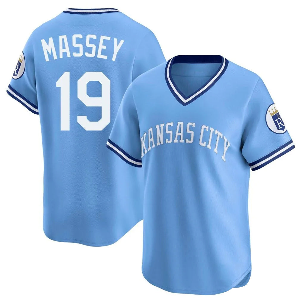 Johmsee KC.Royals #19 Michael Massey Player Light Blue Limited Throwback Cooperstown Collection T-shirt Stitched Jerseys
