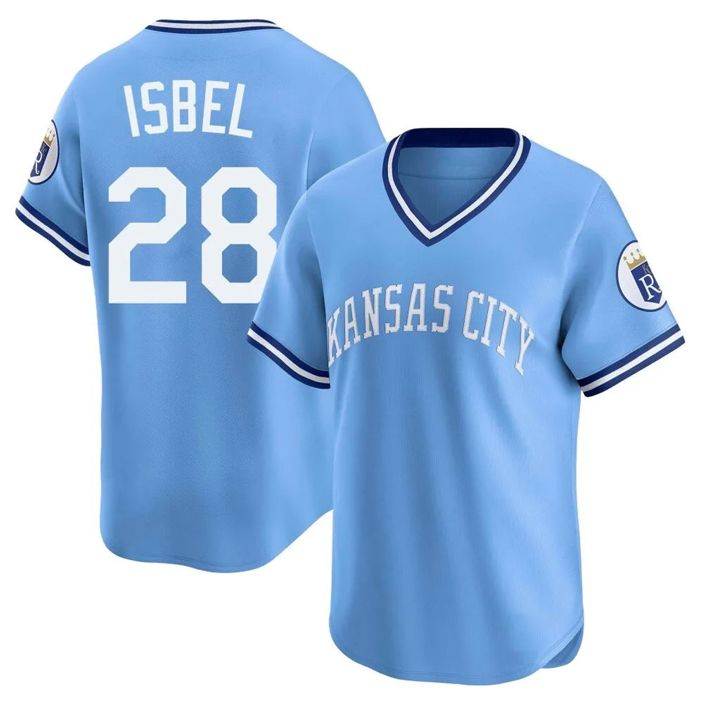 Johmsee KC.Royals #28 Kyle Isbel Player Light Blue Limited Throwback Cooperstown Collection T-shirt Stitched Jerseys