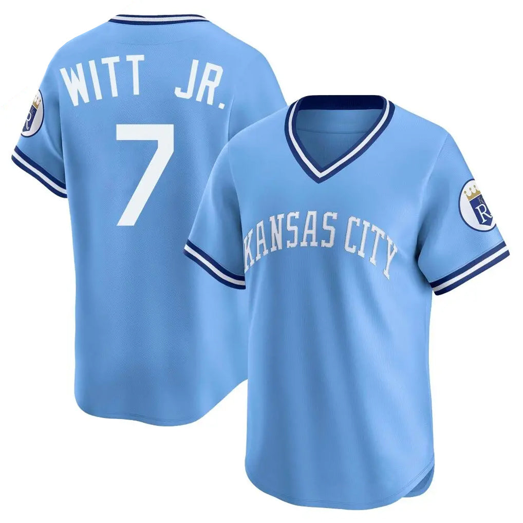 Johmsee KC.Royals #7 Bobby Witt Jr. Player Light Blue Limited Throwback Cooperstown Collection T-shirt Stitched Jerseys