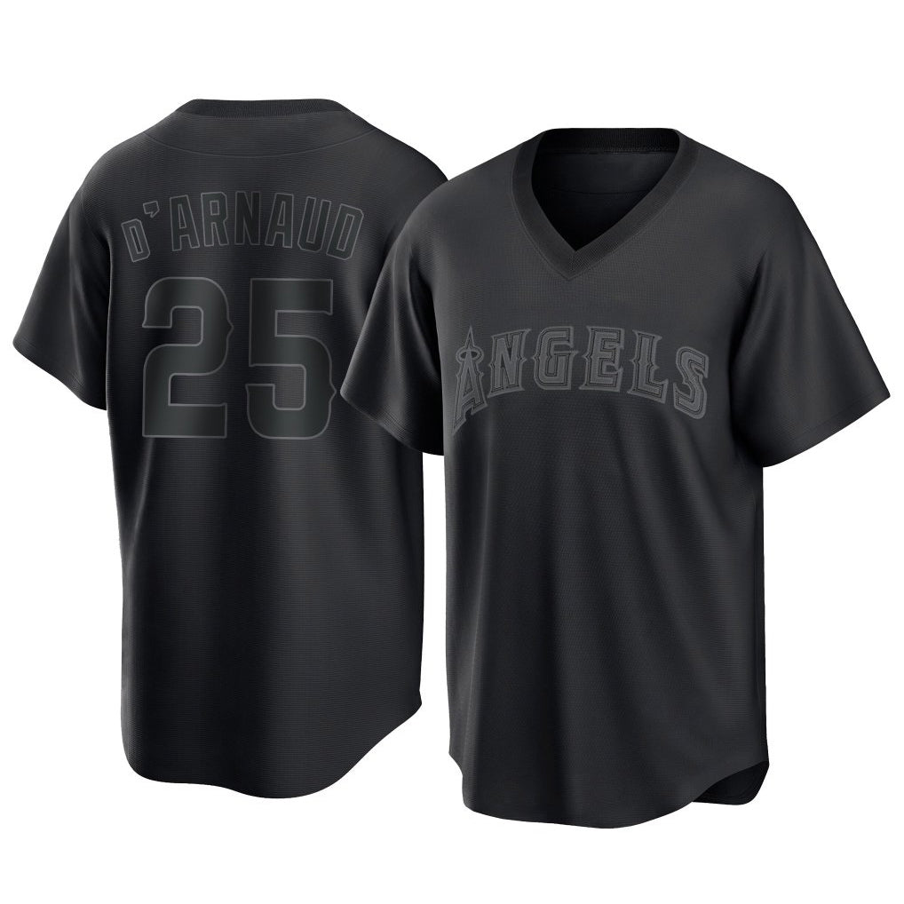 Johmsee LA.Angels #25 Travis d'Arnaud Player Black Pitch Fashion T-shirt Stitched Jerseys