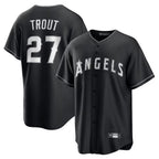 Johmsee LA.Angels #27 Mike Trout Player Black Lights Out Fashion T-shirt Stitched Jerseys
