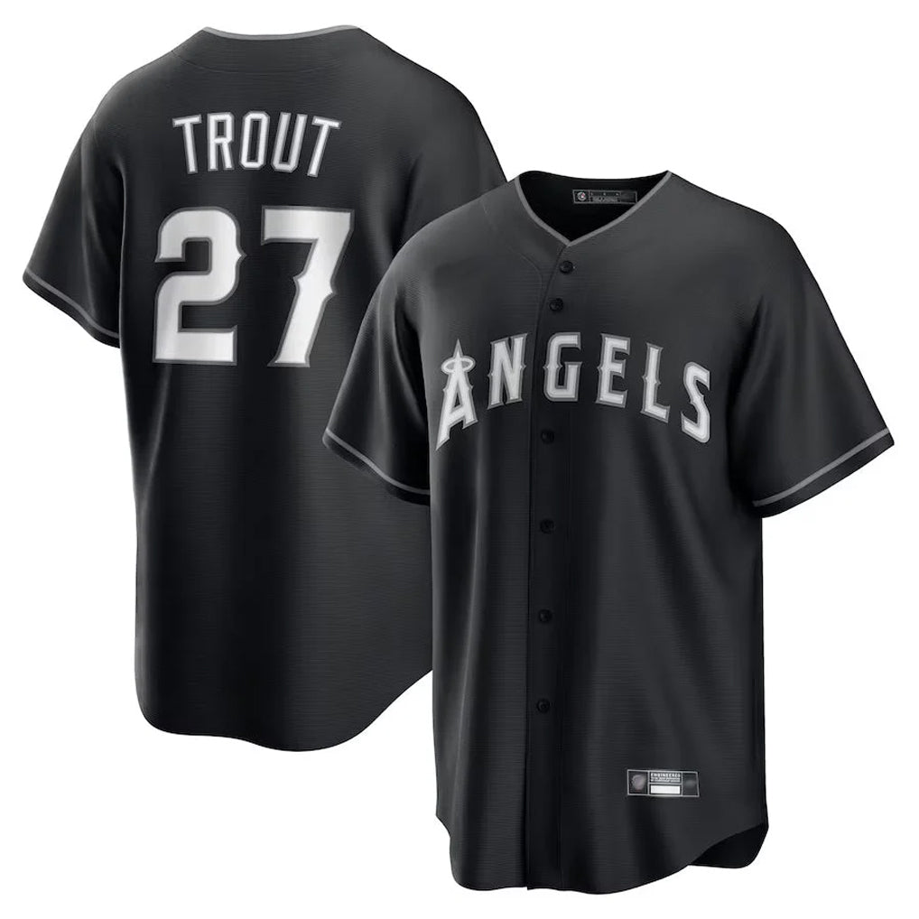 Johmsee LA.Angels #27 Mike Trout Player Black Lights Out Fashion T-shirt Stitched Jerseys