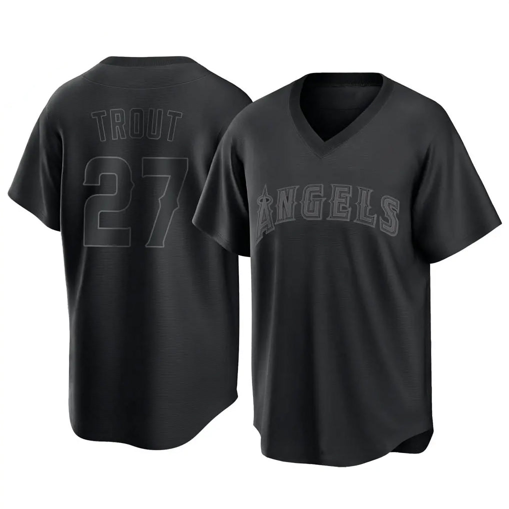 Johmsee LA.Angels #27 Mike Trout Player Black Pitch Fashion T-shirt Stitched Jerseys