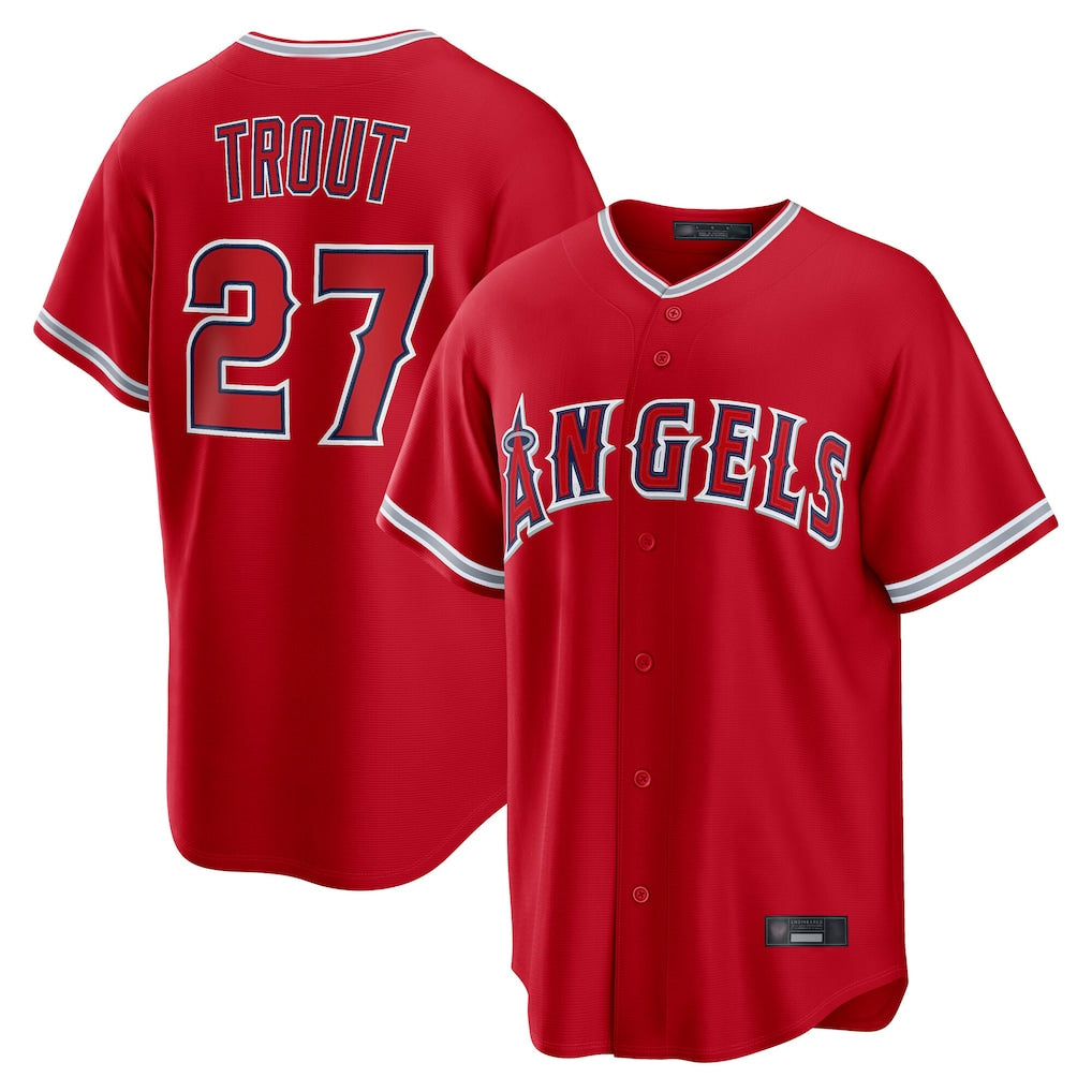 Johmsee LA.Angels #27 Mike Trout Player Red Home Game Stitched Jerseys