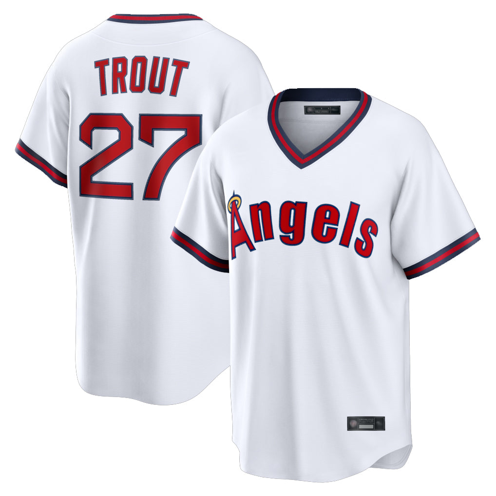 Johmsee LA.Angels #27 Mike Trout Player White T-shirt Home Game Stitched Jerseys