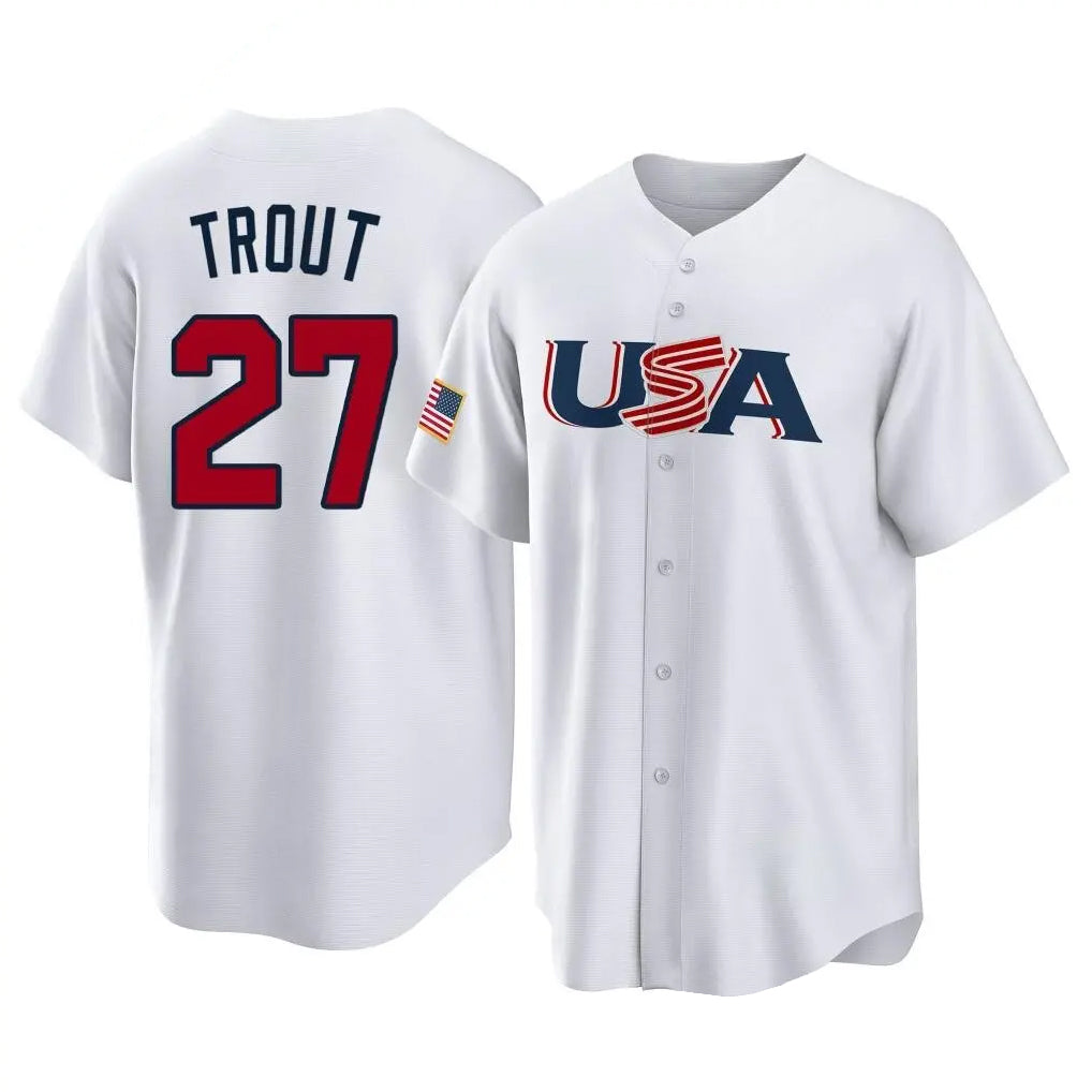 Johmsee LA.Angels #27 Mike Trout Player White USA World Classic Game Home Stitched Jerseys