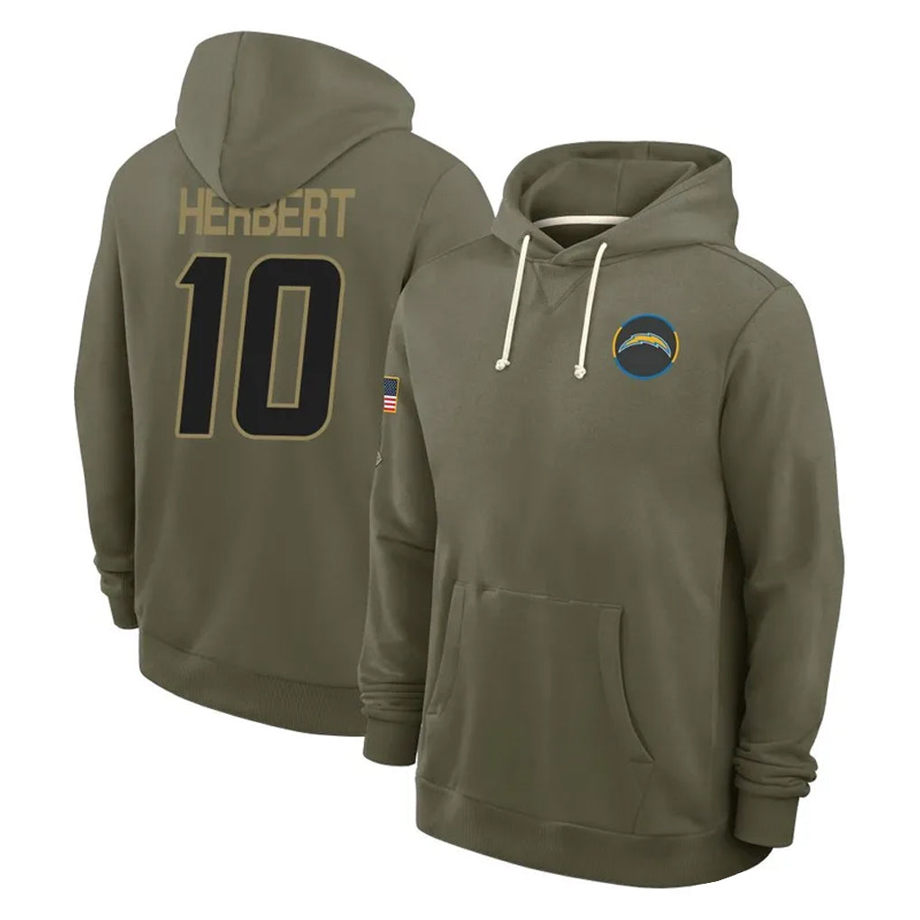 Johmsee LA.Chargers #10 Justin Herbert Player Olive Salute to Service Pullover Hoodies Limited Stitched Jerseys