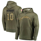 Johmsee LA.Chargers #10 Justin Herbert Player Salute to Service  Olive Hoodies Game Stitched Jerseys