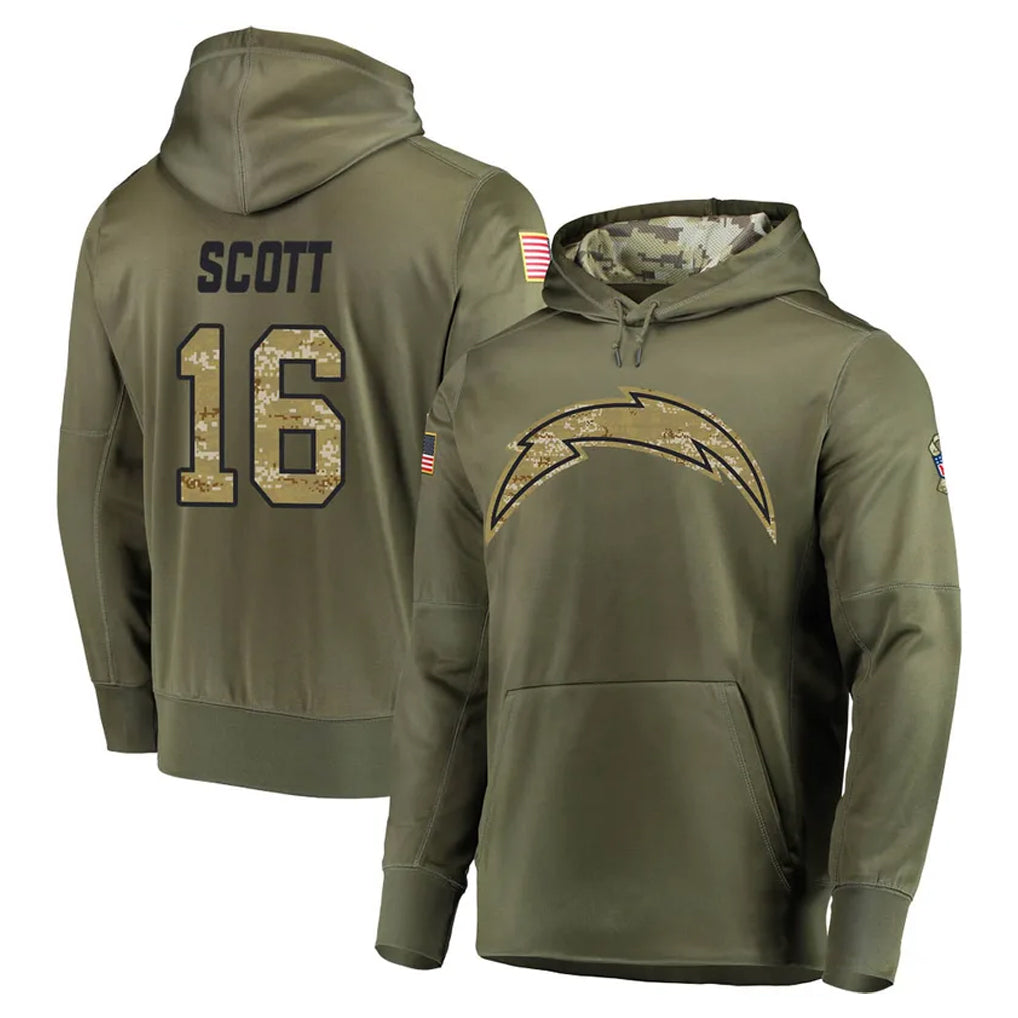 Johmsee LA.Chargers #16 J.K. Scott Player Olive Salute to Service Pullover Hoodies Home Game Stitched Jerseys