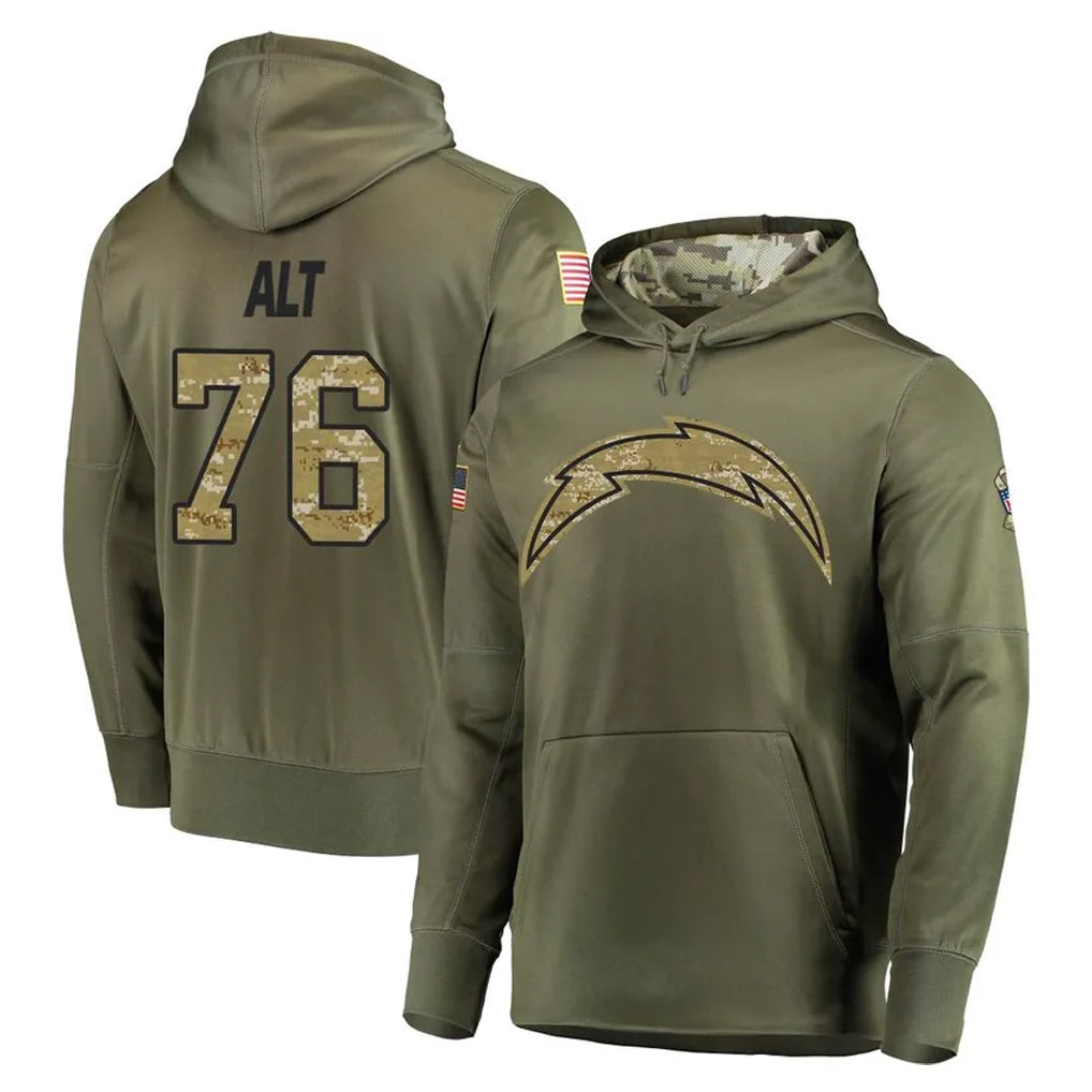Johmsee LA.Chargers #76 Joe Alt Player Olive Salute to Service Pullover Hoodies Home Game Stitched Jerseys