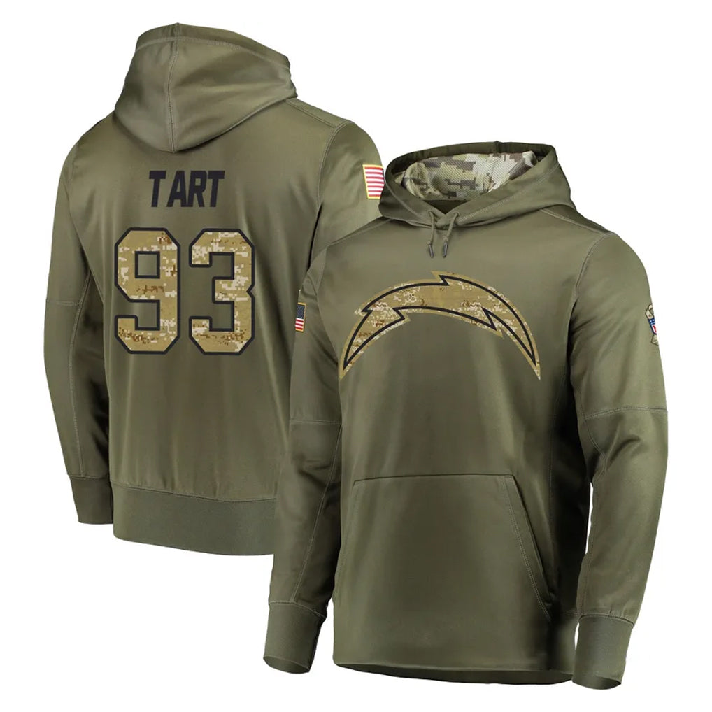 Johmsee LA.Chargers #93 Teair Tart Player Olive Salute to Service Pullover Hoodies Home Game Stitched Jerseys