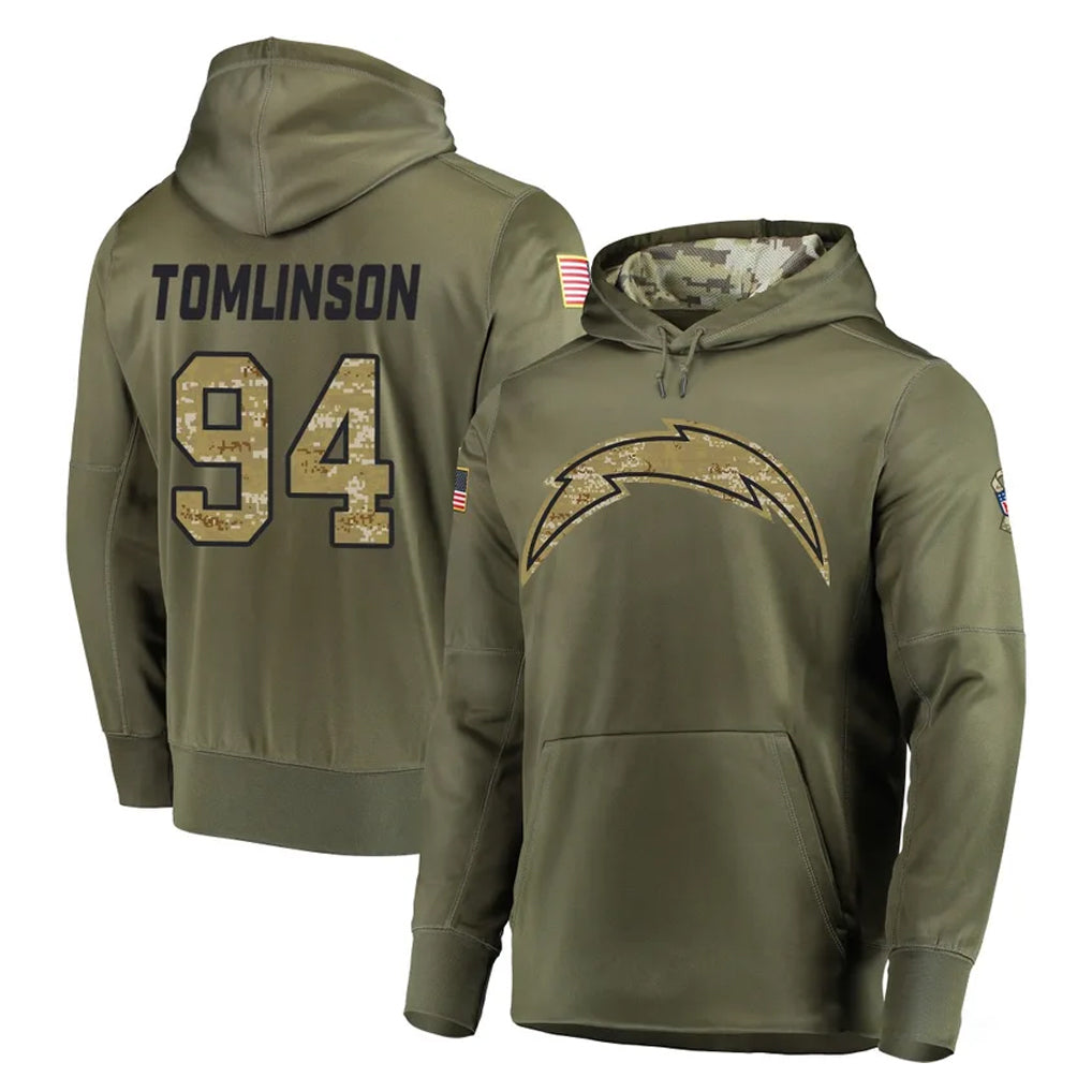 Johmsee LA.Chargers #94 Dalvin Tomlinson Player Olive Salute to Service Pullover Hoodies Home Game Stitched Jerseys