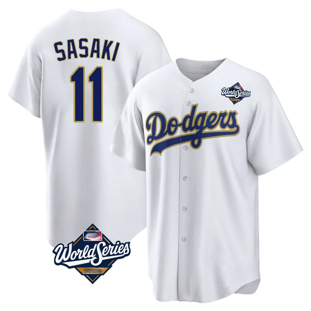Johmsee LA.Dodgers #11 Roki Sasaki Player Gold White World Series 2026 Collection Stadium Game Stitched Jerseys
