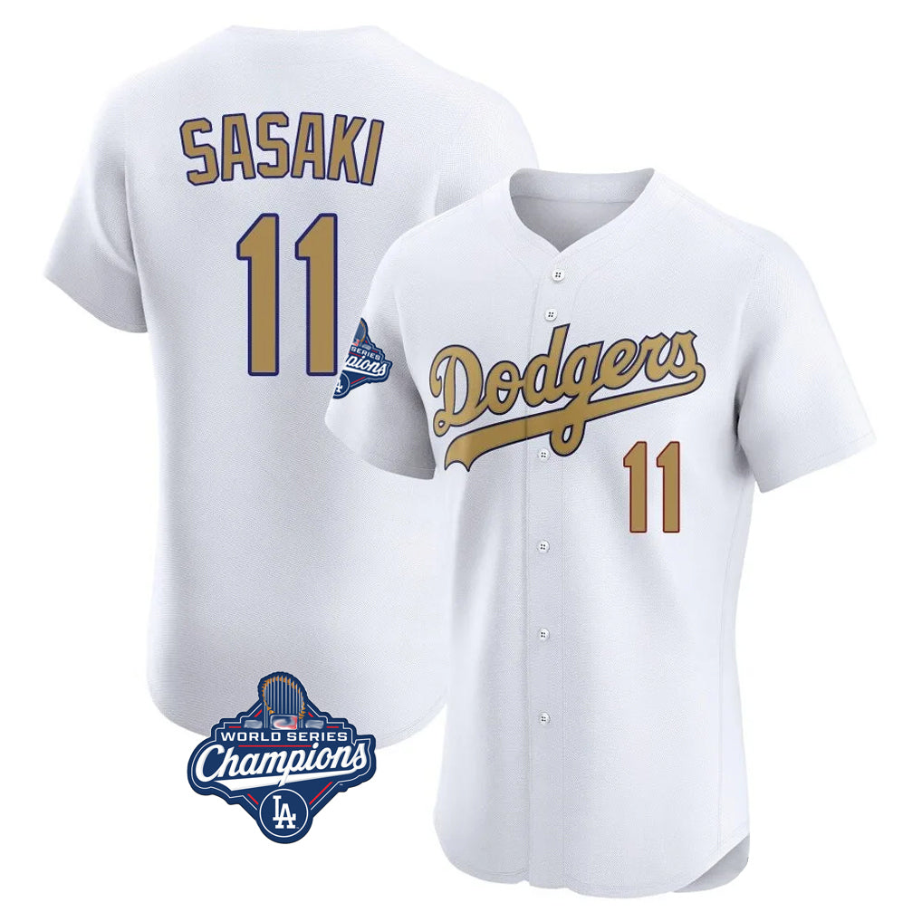 Johmsee LA.Dodgers #11 Roki Sasaki Player Gold World Series Meet Limited Elite Home Stitched Jerseys