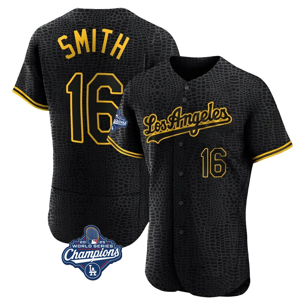 Johmsee LA.Dodgers #16 Will Smith Player Black World Series Meet Snake Skin City Limited Elite Home Stitched Jerseys