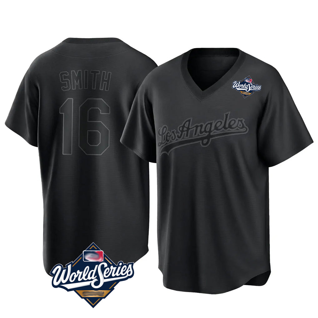 Johmsee LA.Dodgers #16 Will Smith Player Black World Series Pitch Fashion T-shirt Stitched Jerseys