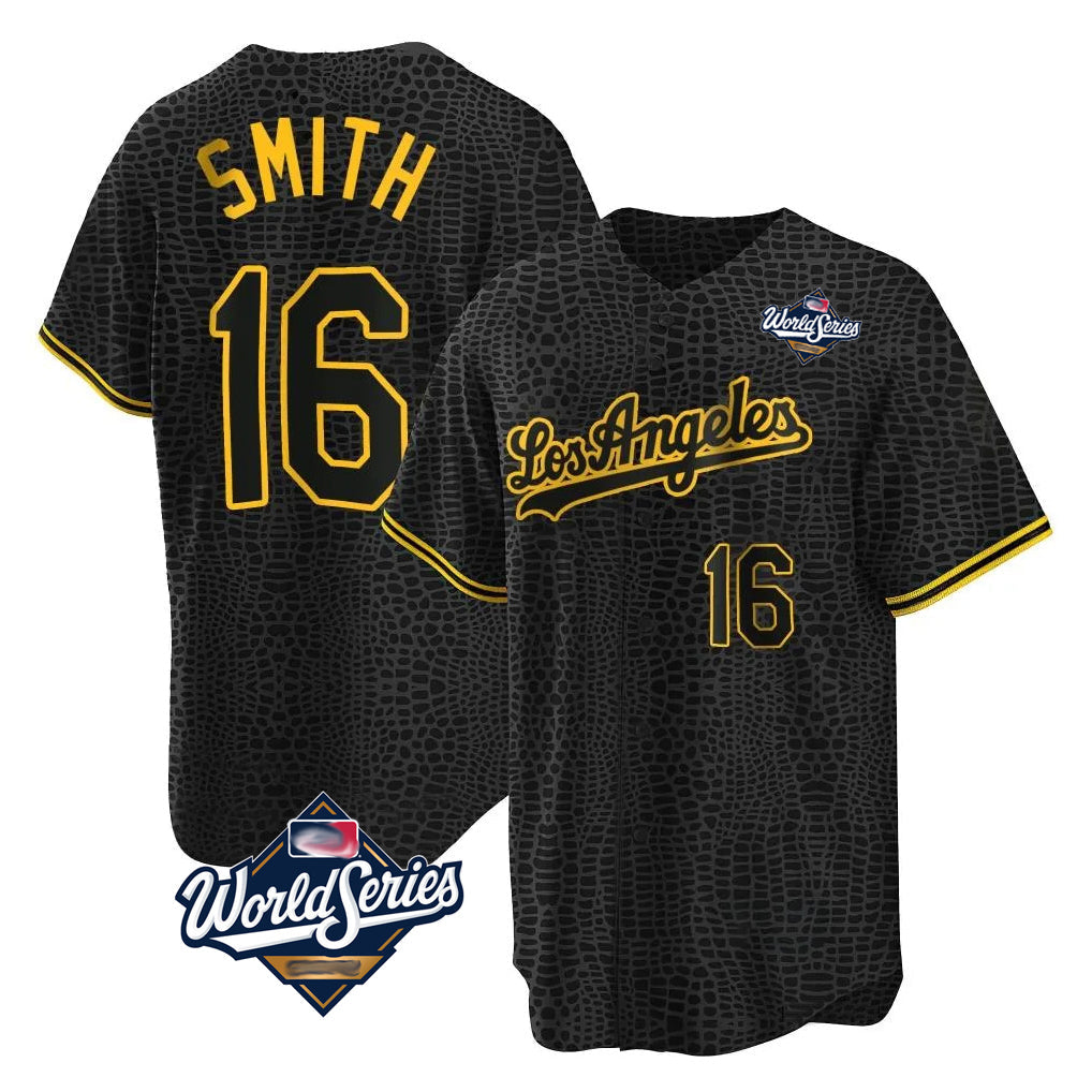 Johmsee LA.Dodgers #16 Will Smith Player Black World Series Snake Skin City Game Home Stitched Jerseys
