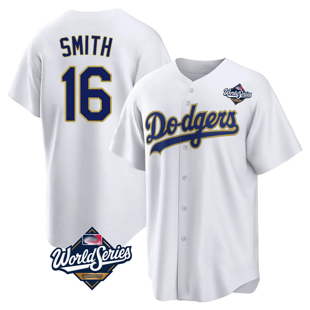 Johmsee LA.Dodgers #16 Will Smith Player Gold White World Series 2026 Collection Stadium Game Stitched Jerseys