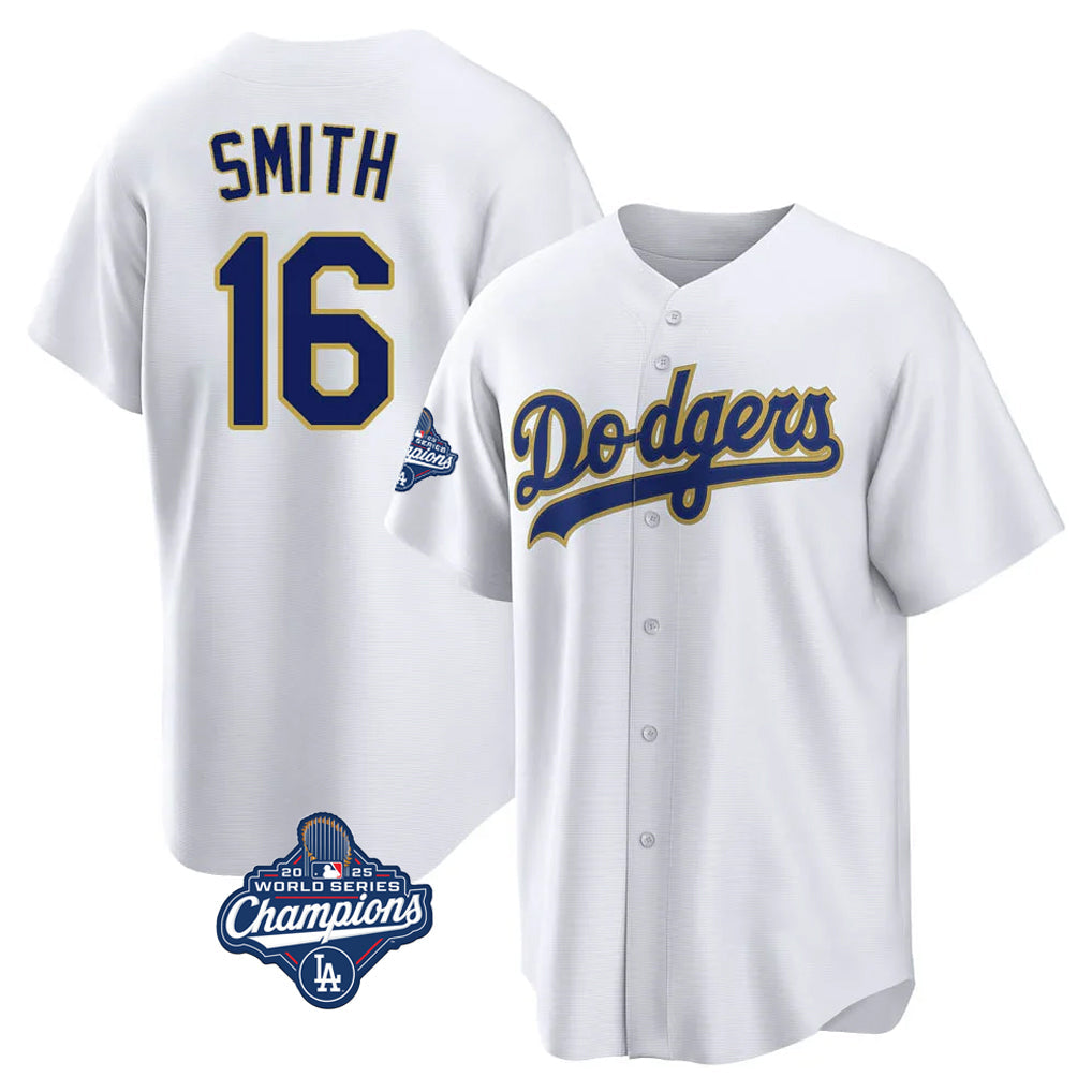 Johmsee LA.Dodgers #16 Will Smith Player Gold White World Series Meet 2026 Collection Stadium Game Stitched Jerseys