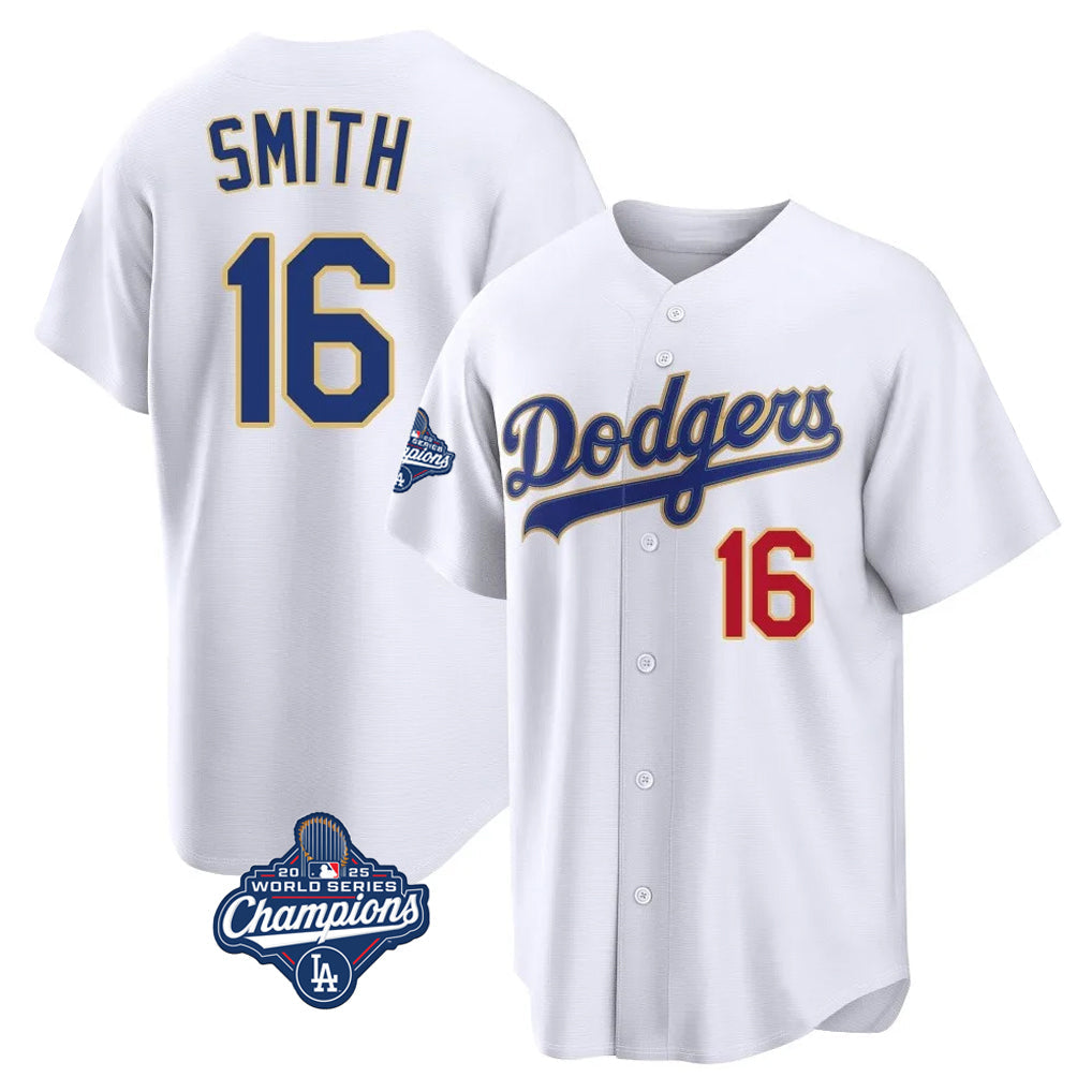 Johmsee LA.Dodgers #16 Will Smith Player Gold White World Series Meet 2026 Collection Stadium Limited Stitched Jerseys