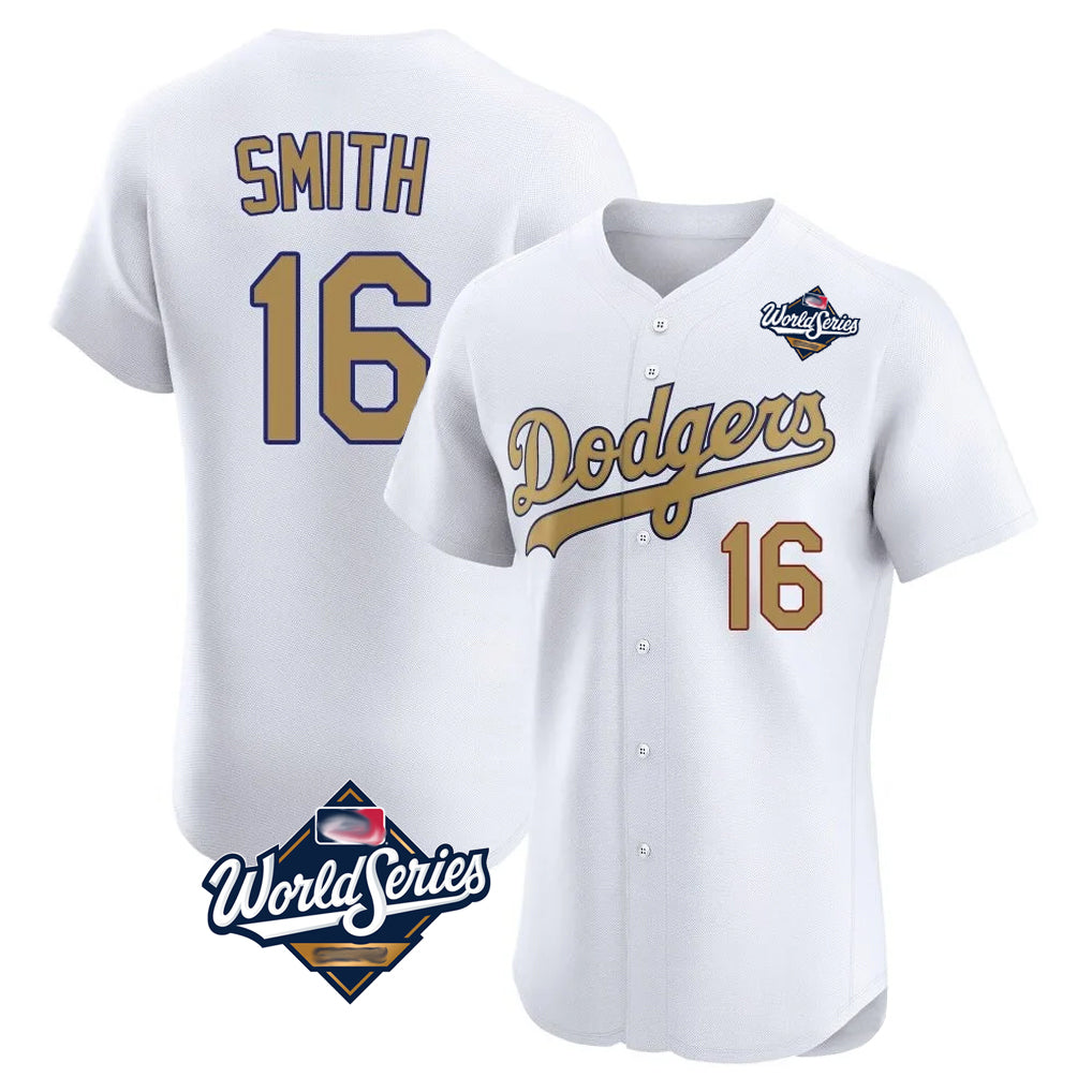 Johmsee LA.Dodgers #16 Will Smith Player Gold World Series Limited Elite Home Stitched Jerseys