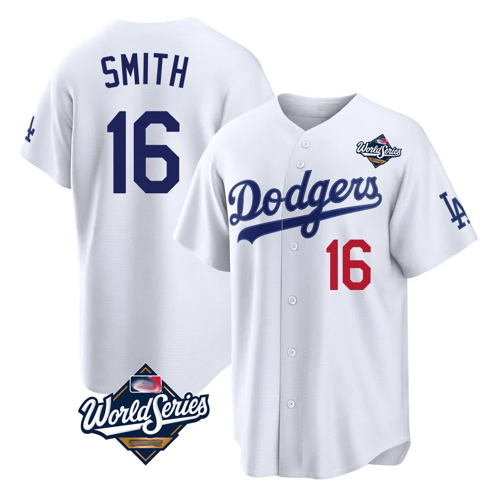 Johmsee LA.Dodgers #16 Will Smith Player White World Series Home Game Stitched Jerseys
