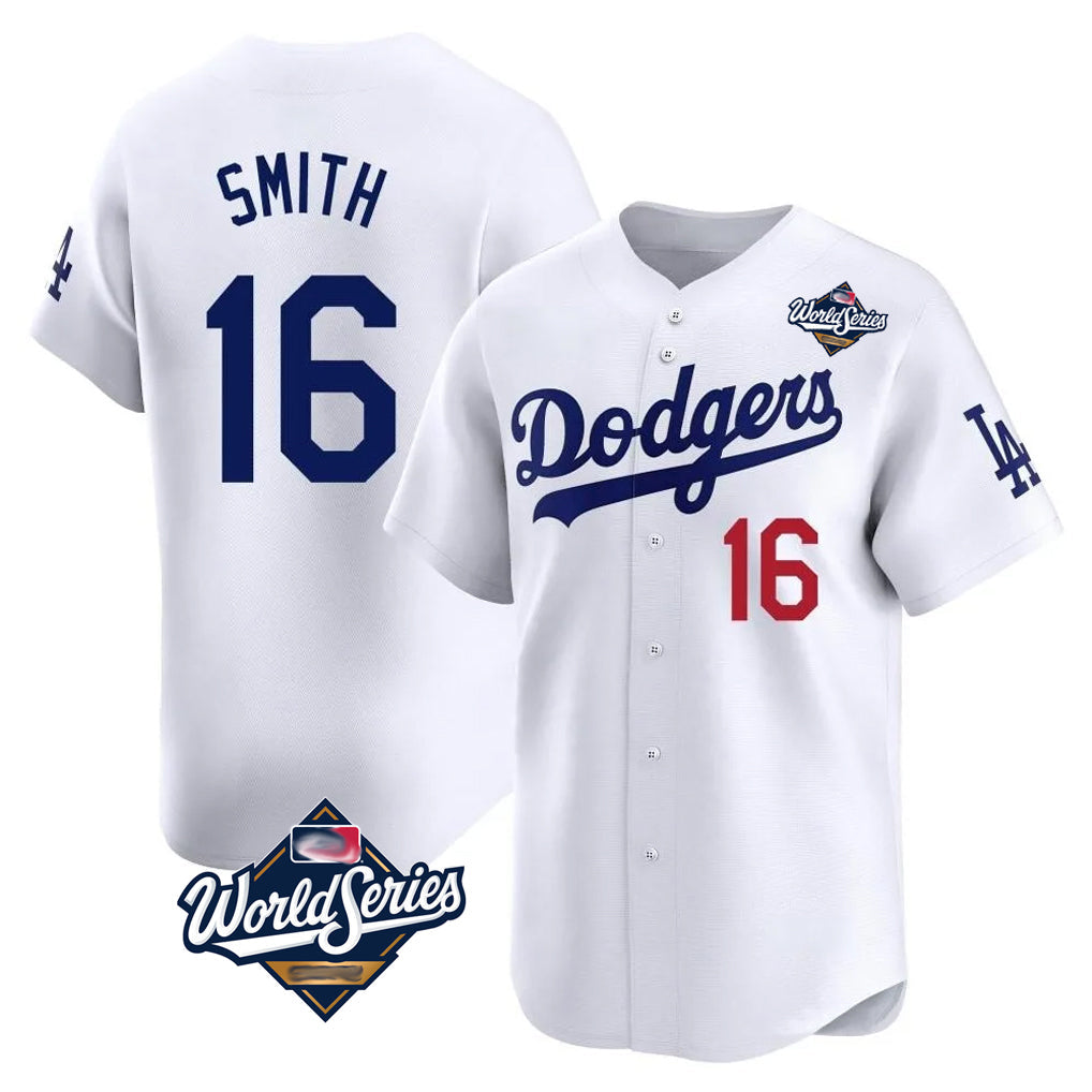 Johmsee LA.Dodgers #16 Will Smith Player White World Series Limited Home Stitched Jerseys