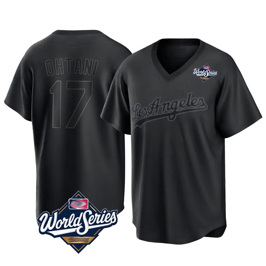 Johmsee LA.Dodgers #17 Shohei Ohtani Player Black World Series Pitch Fashion T-shirt Stitched Jerseys