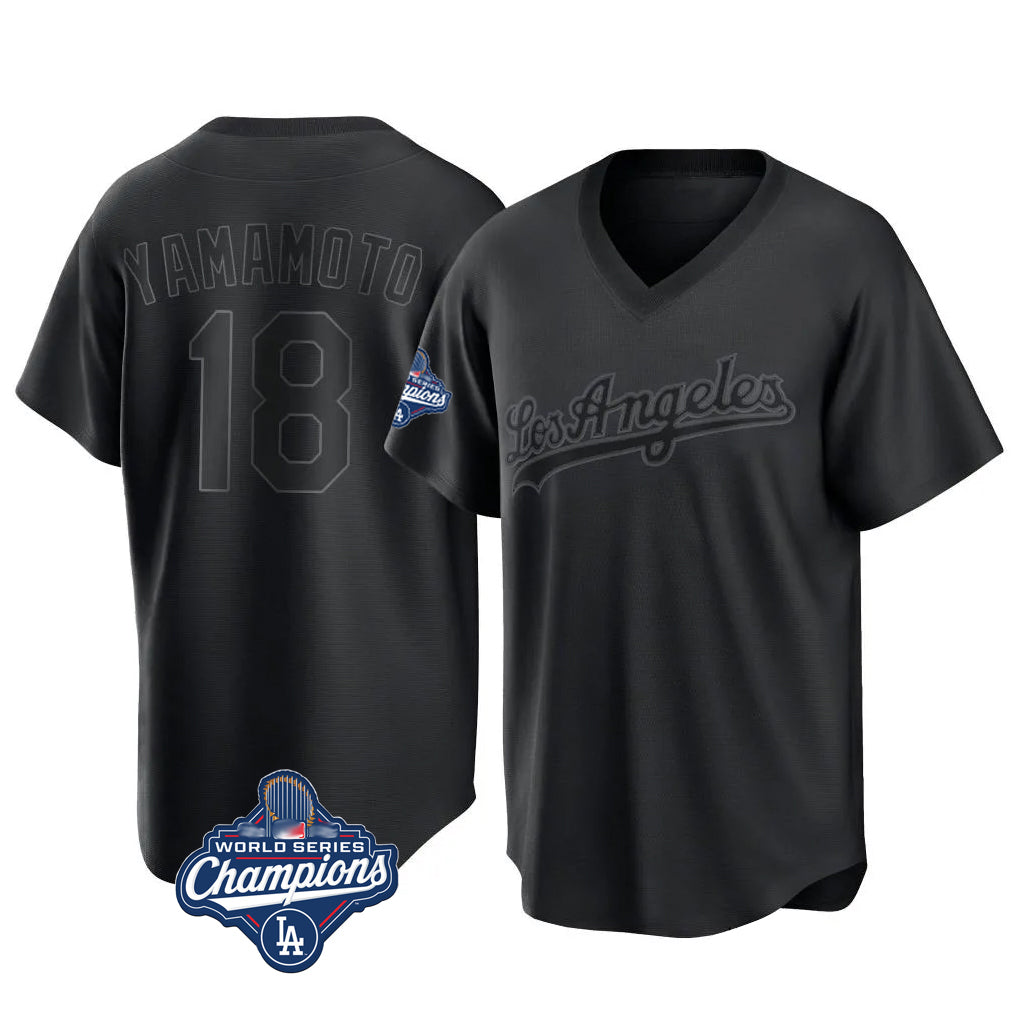 Johmsee LA.Dodgers #18 Yoshinobu Yamamoto Player Black World Series Meet Pitch Fashion T-shirt Stitched Jerseys